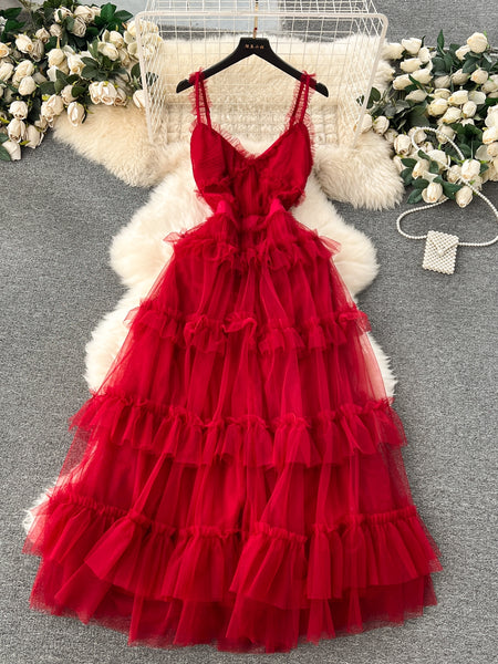 Ruffles Adjustable Straps Layered Red Tulle Dress