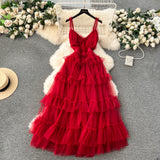 Ruffles Adjustable Straps Layered Red Tulle Dress