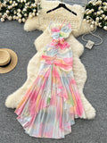 Criss Cross Straps Multicolored Chiffon Maxi Dress