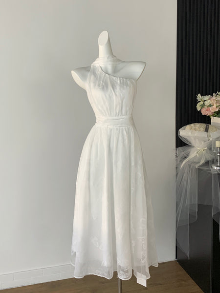 Flowing Skirt White One-Shoulder Dress