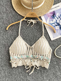 Delicate Bead & Pearl Crochet Halter Bikini Top