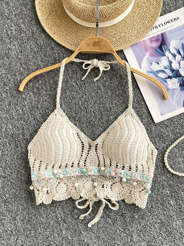 Delicate Bead & Pearl Crochet Halter Bikini Top