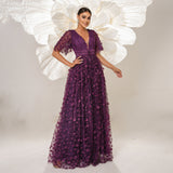 Sheer Sleeves Deep Purple Floral Embroidered Prom Dress