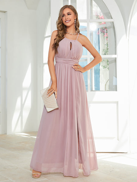 Purple Chiffon Halter Maxi Dress with Slit