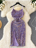 Purple High Slit Shimmer Sequin Dress