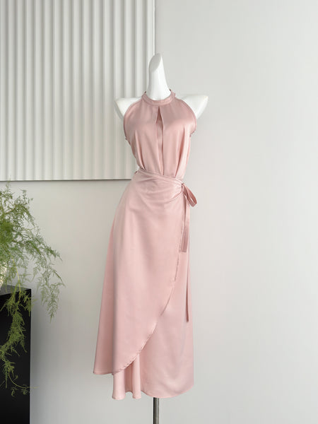 Keyhole Neckline Wrap Skirt  Satin Midi Dress