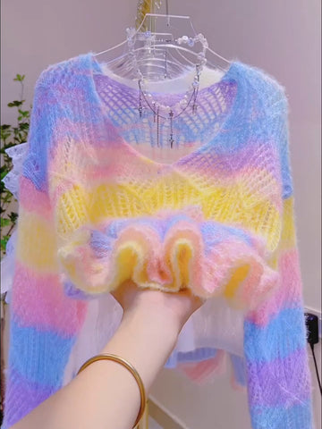 Knit V-Neck Fluffy Pastel Rainbow Sweater