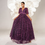 Sheer Sleeves Deep Purple Floral Embroidered Prom Dress