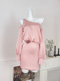 Rose Waist Long Sleeves Pink One-Shoulder Dress