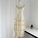 Lace-Trimmed Ruffles Bow Cream Tiered Dress