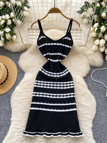 Black & White Geometric Stripes Sling Dress