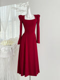 Square Neckline Flowing A-Line Skirt Red Dress