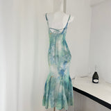 Flared Hem Spaghetti Straps Watercolor Print Dress