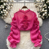 Crimson Charm Ruffled Sleeve Rosette Top