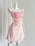 Ribbon-Tie Flared Skirt Pink Floral Dress