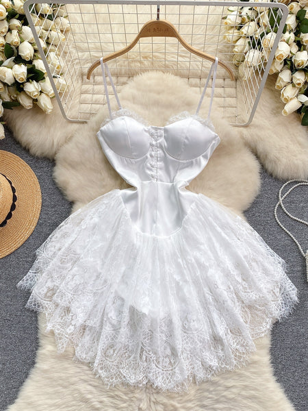 Lace Flared Tulle Skirt White Corset Dress