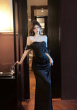 Elegant Off - Shoulder Black Satin Dress with Sparkle Detail