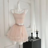 Cardigan Bow-Embellished Top Layered Tulle Skirt Pink Set