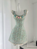 Green Flared Skirt Floral Print Dress