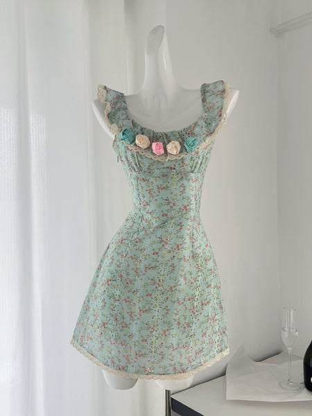 Green Flared Skirt Floral Print Dress