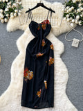 Straps Vibrant Floral Prints Black Maxi Dress