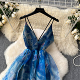 Flowing Skirt Silk-Inspired Blue Dress