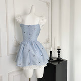 Lace-Trimmed Straps Bow Blue Corset-Style Dress