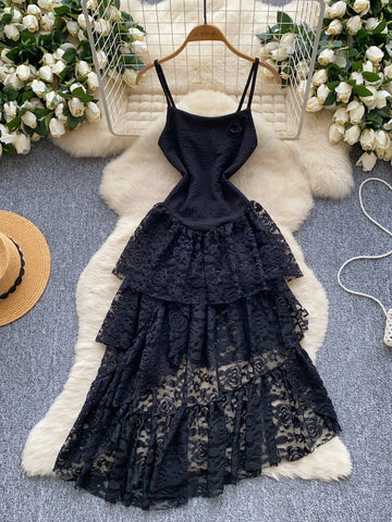 Black Rose Lace Flounced Layers Cami Dress