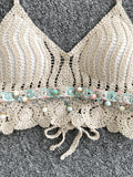 Delicate Bead & Pearl Crochet Halter Bikini Top