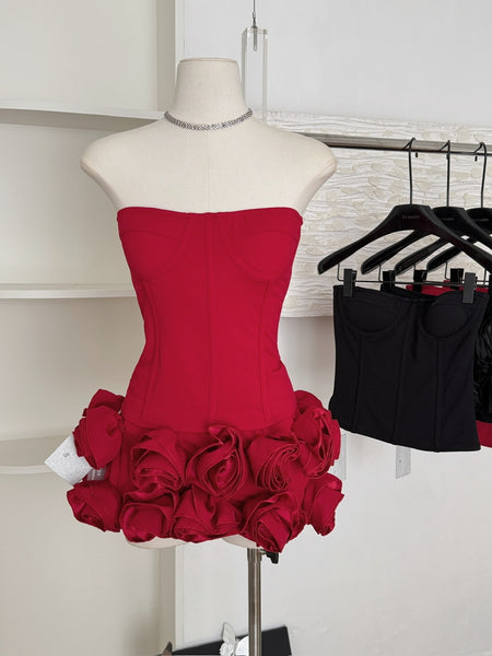 Exquisite Rose Strapless Red Corset Mini Dress