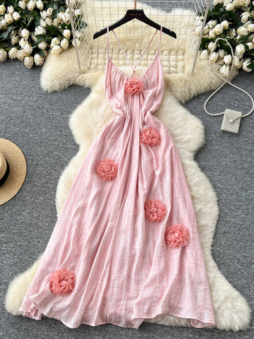 Criss Cross Straps 3D Flower  Blush Pink Maxi Dress