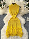 Vibrant Yellow Trendy Fringe Knit Dress