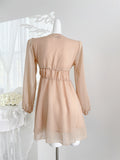 Embellished Sheer Long Sleeves Tiered Beige Dress