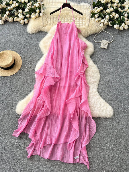 Dramatic Ruffled Layers Hot Pink Halter Maxi Dress