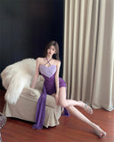 Stunning Halter Neck Mini Dress in Purple with Flowing Sashes