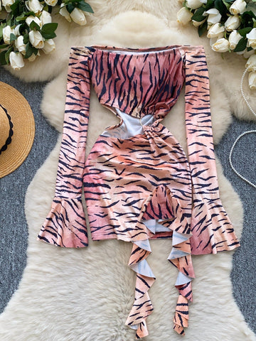 Bell Sleeves Ruffled Hem Tiger Print Dress