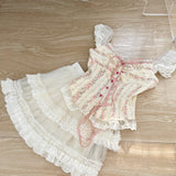 Lace-Trimmed Ruffled Skirt Ribbon Tie Floral Corset-Style Dress