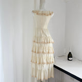 Lace-Trimmed Ruffles Bow Cream Tiered Dress