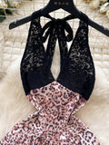 Black Lace Pink Leopard Stylish Halter Romper