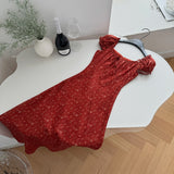 Chiffon Summer Ruffled Shoulders Red Maxi Dress