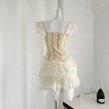 Lace-Trimmed Ruffled Skirt Ribbon Tie Floral Corset-Style Dress