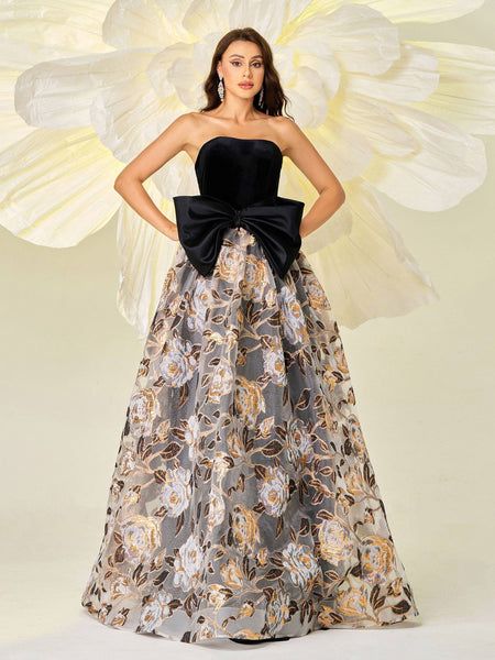 Luxurious Black Bow Floral Embroidered Prom Dress