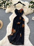 Straps Vibrant Floral Prints Black Maxi Dress