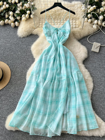 Criss Cross Mint Green Plaid Maxi Dress