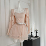 Cardigan Bow-Embellished Top Layered Tulle Skirt Pink Set