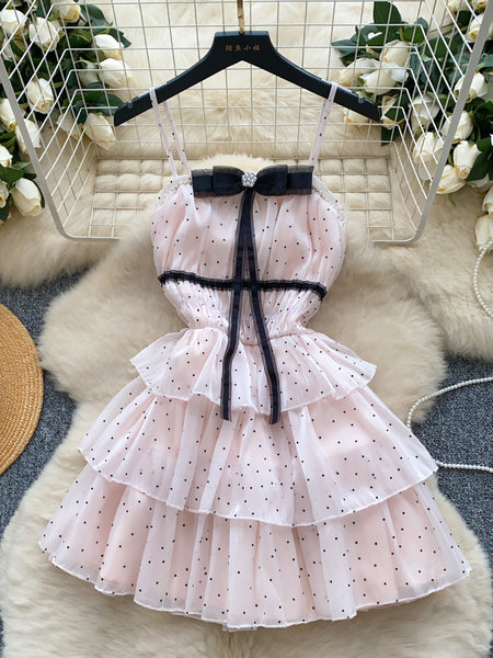 Elegant Black Bow Pink Polka Dot Mini Dress