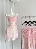 Ribbon-Tie Flared Skirt Pink Floral Dress