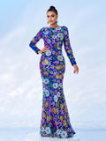 Long Sleeves Floral Trumpet Mermaid Prom Dress