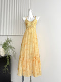 Button Yellow Tie-Dye Halter Maxi Dress