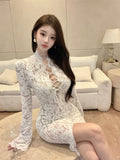 Sexy celebrity lace openwork strap split dress dress